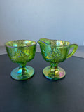 (B) Indiana Glass Vintage Green Carnival Glass Harvest Grape Creamer & Sugar Bowl
