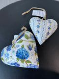 Pair of Evergreen Blue Hydrangeas Puffed Metal Hanging Hearts