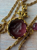Goldette Vintage Layered Gold Tone Necklace with Purple Intaglio Glass Cameo Pendant