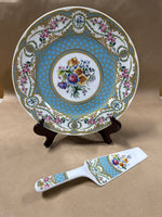(A) Floral Blue And Gold Plate And Pie Server Collection Sevres Andrea By Sadek