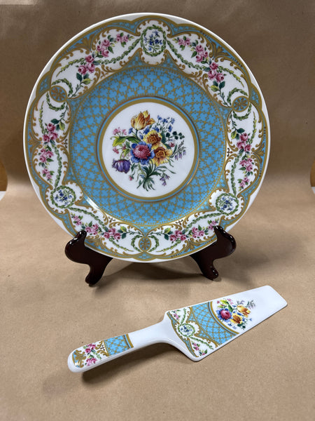 (A) Floral Blue And Gold Plate And Pie Server Collection Sevres Andrea By Sadek