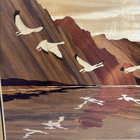 Wood Inlay of Geese Over Mountains