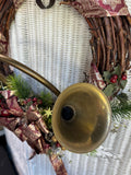 Faux Fir Holiday Grapevine Wreath with Vintage Horn
