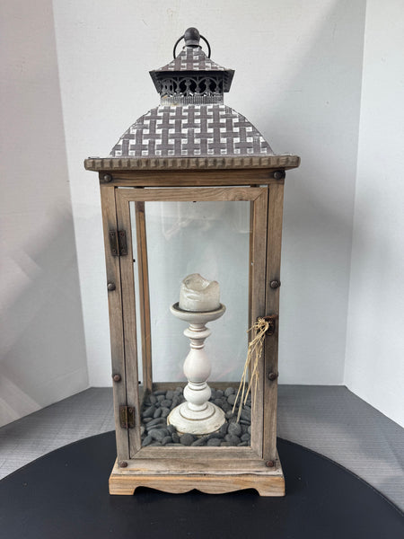 XL Rustic Lantern with River Rocks & Candlestick