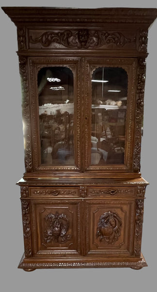 1880's German/French Huntsman's Hand Carved Oak 2 Piece China Cabinet ***HEAVY ITEM***READ DESCRIPTION CAREFULLY***