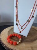 Long Gold Tone Disc & Orange Beaded Necklace & Stretch Bracelet Set