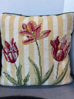 Pair of Yellow Striped Floral Needlepoint Throw Pillows
