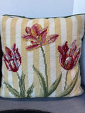 Pair of Yellow Striped Floral Needlepoint Throw Pillows