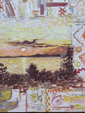 River Sunset on Canvas with Abstract Border; Signed with Initials J.A.
