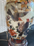 Pair of Asian Inspired Imari Style Floral Bird Urn Lamps (WORKS)