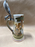 (C) German Beer Stein With Pewter Jester Tip Back
