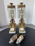 Pair of Antique Girandole Brass, Marble & Crystal Prism Candlesticks with Oil Lamp Conversion Inserts
