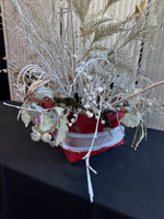 Gold & Frosted Faux Florals in Red Wooden Woven Basket