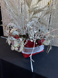 Gold & Frosted Faux Florals in Red Wooden Woven Basket