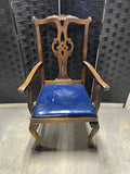 Trouvailles Furniture Co. Inc. Carved Arm Chair with Blue Leather Seat