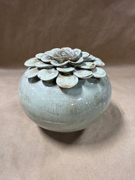 Ceramic Crackle Finish Flower Vase With Textured Floral Top For Home Decor