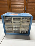 Small Metal Garage Storage Box w/Plastic Drawers (assorted items in drawers )