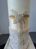 Lace & Bead Embellished Unity Candle with Column Candle Holder