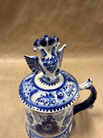 Gzhel Wekma Handmade In Russia Blue & White Porcelain Lidded Beer Stein