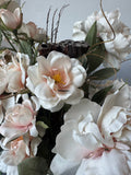 Faux Peony Arrangement in Magnolia Embossed Ceramic Planter