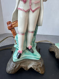Pair of Antique Porcelain Figural Lamps with Heavyweight Metal Bases (WORKS) AS IS (READ DESCRIPTION CAREFULLY)