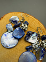 Blue Dyed Shell & Rhinestone Accented Silver Tone Cluster Drop Earrings