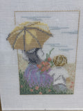 Cross Stitched Girl & Boy with Umbrella