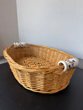 Oval Woven Wicker Basket with Blue & White Floral Porcelain Handles