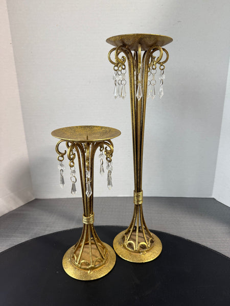 Pair of Bejeweled Gilded Metal Pillar Candle Holders