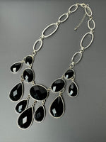 Black Faceted Teardrop Silver Tone Statement Necklace