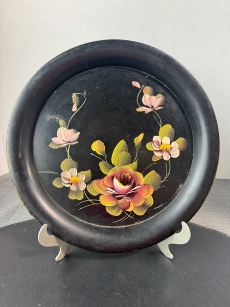 (B) Round Floral Tole Painted Vintage Metal Tray