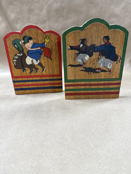 Handpainted Asian Style Wooden Bookends