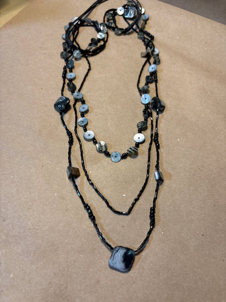 Long Black Beaded Necklace with Mother of Pearl