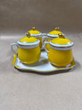 Yellow And Gold Teacups With Lids And Marching Tray