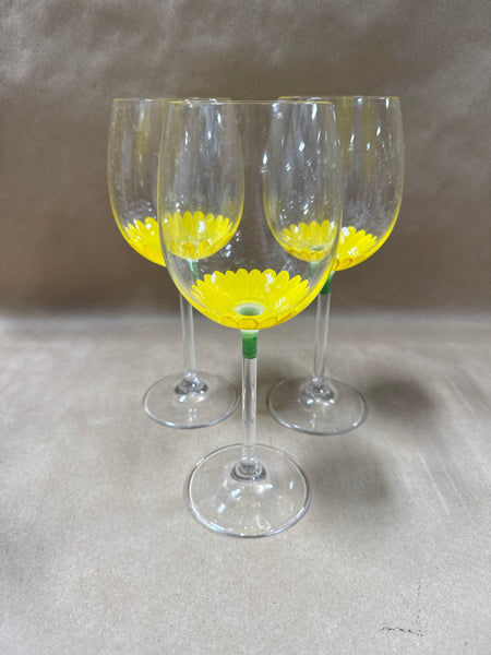 Set Of 3 Handpainted Sunflower Wine Glasses
