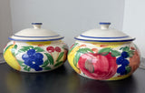 Pair of Hand Painted Fruit Motif Round Stoneware Lidded Canisters