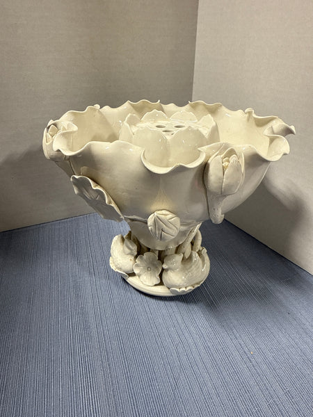 2 Piece Chinese Blanc De Chine Footed White Lotus Blossom Bowl With Frog Flower Vase *** READ DESCRIPTION ****