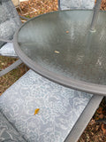Metal w/Glass Top Patio Table and Five Chair Set w/Cushions, 8’ Umbrella and Stand