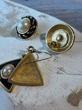 Pair of Black Enamel & Faux Pearl Gold Tone Earrings