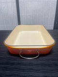 Le Creuset Orange Cast Iron Enameled Rectangular Roasting Dish with Metal Wire Handles