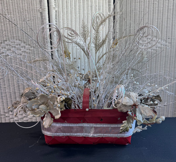 Gold & Frosted Faux Florals in Red Wooden Woven Basket