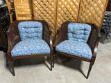 Cane Chairs with Blue & White Upholstery, Set of 2/Pair