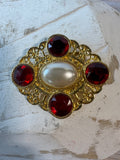 Victorian Style Faux Ruby & Pearl Gold Tone Costume Brooch