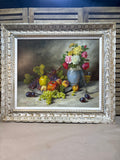 Still Life Print on Canvas of Fruit & Roses by A. Balieu; Signed