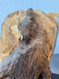 Artist Signed Hand Carved Grizzly Bear on Wooden Stump