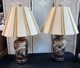 Pair of Asian Inspired Imari Style Floral Bird Urn Lamps (WORKS)
