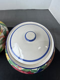 Pair of Hand Painted Fruit Motif Round Stoneware Lidded Canisters