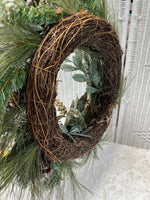 Frosted Glittery Faux Fir & Pinecone Wreath with Ornaments