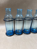 Set Of 6 Blue Glass Bud Vases In Metal Caddy