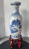 Large Blue & White Chinoiserie Vase on Wooden Stand AS IS (READ DESCRIPTION CAREFULLY)